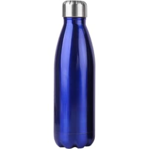 A blue metal drink bottle with a stainless steel lid and a sleek, curved design. It features a logo.