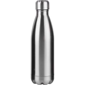A drink bottle made of stainless steel with a sleek, silver finish and a rounded top. It features a logo.