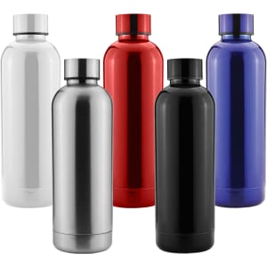 A drink bottle collection featuring white, silver, red, black, and blue finishes, each with a sleek design and a logo.