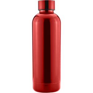A drink bottle in bright red with a sleek, metallic finish and a matching cap. It features a logo.