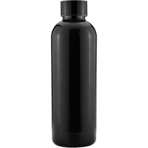 A drink bottle in sleek black, featuring a standard cap and a smooth, shiny finish. It includes a logo.