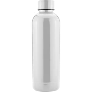 A drink bottle in sleek white with a stainless steel cap and a smooth, reflective finish. It features a logo.