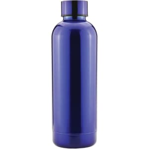 A drink bottle in a sleek, glossy deep blue finish, featuring a simple design and a cap. It has a logo displayed.
