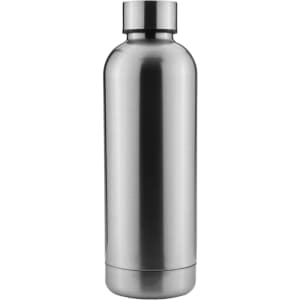 A drink bottle in a sleek silver finish, featuring a stainless steel design and a simple logo at the base.