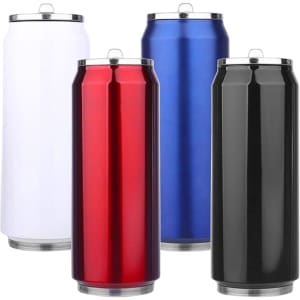 A drink bottle set featuring four colours: white, red, blue, and black, each with a sleek metallic finish and a lid.