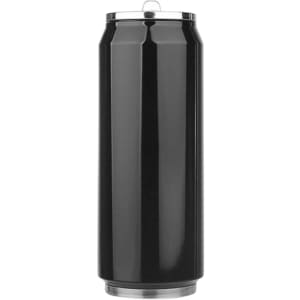 A drink bottle in a sleek, black design with a silver base, featuring a metallic lid and branding.
