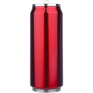 A drink bottle in a shiny red colour with a silver top, featuring a logo.