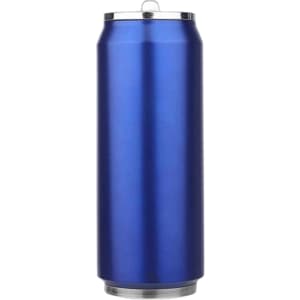 A drink bottle in a shiny blue finish with a silver cap and base, featuring a logo.