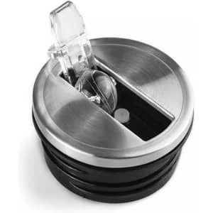 A drink bottle lid with a sleek stainless steel design and a clear toggle opening mechanism.