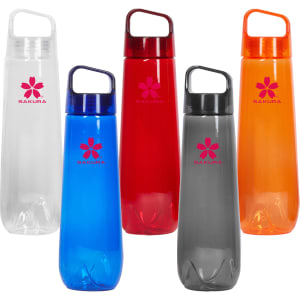 A drink bottle collection featuring clear, blue, red, grey, and orange bottles, each with a handle and a logo.