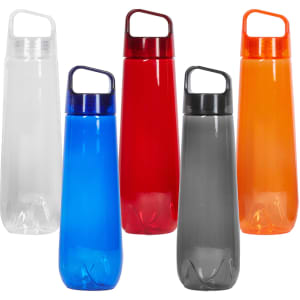 A drink bottle collection featuring clear, blue, red, grey, and orange designs, each with a handle and a logo.