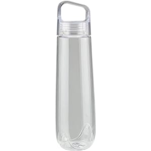 A drink bottle in a clear, transparent design with a simple handle and a screw-on lid, featuring a logo.