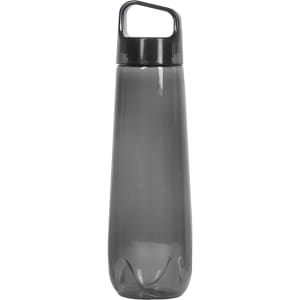 A drink bottle in a sleek, smoky grey colour with a black lid and a handle for easy carrying. It features a logo.