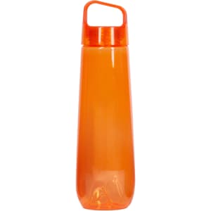 A drink bottle in a vibrant orange colour featuring a handle and a clear plastic design. It has a logo on its surface.