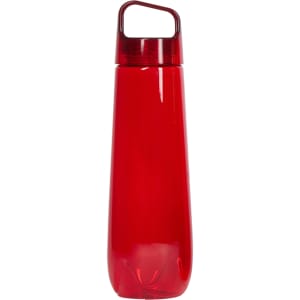 A drink bottle in a vibrant red colour with a curved design and a handle. It features a logo on the body.
