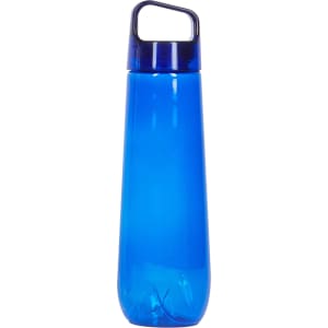 A drink bottle in a bright blue colour with a handle and a transparent design. It has a logo on the side.