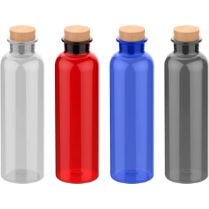 A drink bottle set featuring clear, red, blue, and dark grey bottles with cork lids and a logo.