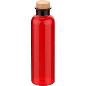A drink bottle in vibrant red with a cork stopper and a sleek design. It features a logo on the body.