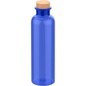 A blue drink bottle with a cork stopper and a smooth, transparent design. It features a logo on the surface.