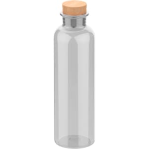 A drink bottle in clear glass with a cork stopper. It features a sleek, cylindrical design and has a logo.