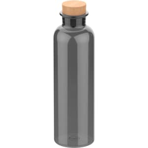 A drink bottle in a smoky grey colour with a cork lid and a simple design. It features a logo.
