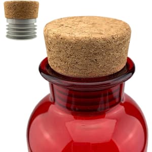 A drink bottle in vibrant red glass with a cork stopper and a grey accent. It features a logo on the design.