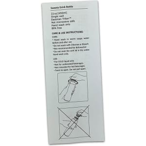 A drink bottle featuring care and usage instructions, with a simple design and a BPA-free label.