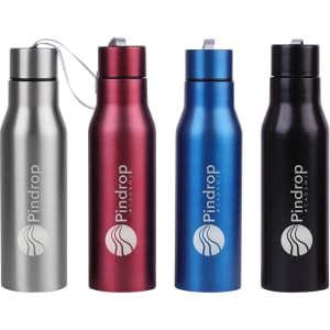 A drink bottle set featuring silver, red, blue, and black bottles, each with a logo on the front.