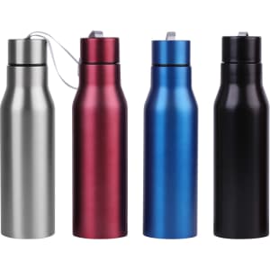 A drink bottle collection featuring silver, burgundy, blue, and black options, each with a metal finish and a lid.