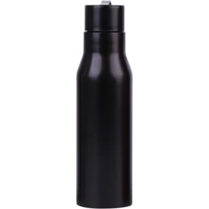 A drink bottle in sleek black with a threaded lid and a minimalist design. It features a branding logo.