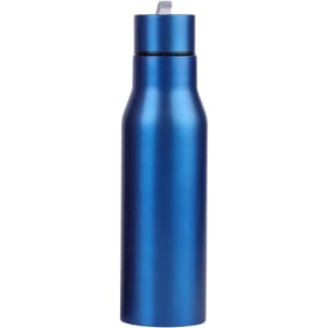 A drink bottle in a shiny blue finish with a screw-top lid and a decorative logo.
