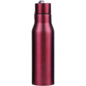 A drink bottle in a sleek, metallic burgundy finish featuring an open lid and a logo.