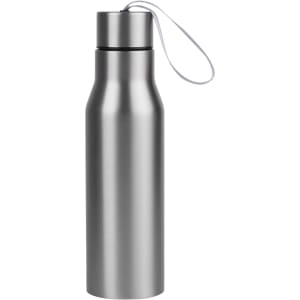 A drink bottle in silver metal with a sleek design and a carrying strap. Features a branding logo.