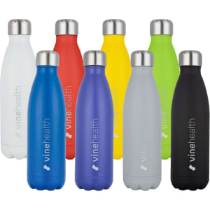 A drink bottle collection featuring stainless steel in various colours including white, blue, green, yellow, grey, black, and purple.