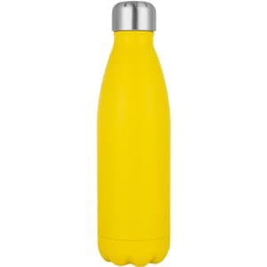A drink bottle in bright yellow with a stainless steel cap and a sleek, curved design.