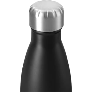 A drink bottle with a matte black finish and a metallic silver screw-top lid. It features a brand logo.