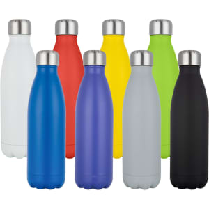 A range of drink bottles in various colours including white, red, yellow, green, blue, purple, grey, and black, each with a metal cap.