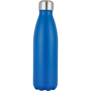 A drink bottle in a vibrant blue finish with a silver lid and a sleek, tapered design.