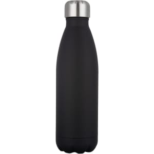 A drink bottle in sleek black with a stainless steel lid and a matte finish, featuring a logo.