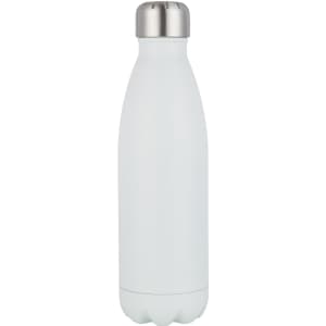 A drink bottle in matte white with a stainless steel cap and a logo. Ideal for keeping beverages cold or hot.