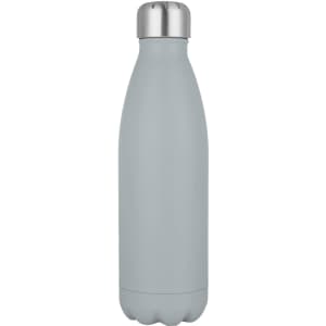 A drink bottle in a matte grey finish with a stainless steel cap and a sleek design. Features a logo.