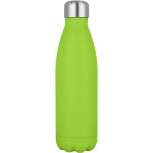 A drink bottle in bright green with a silver cap, featuring a sleek, modern design and a logo.