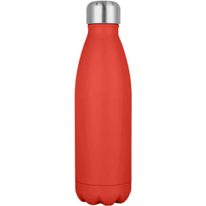 A drink bottle in bright red with a stainless steel cap and a smooth matte finish. It features a logo on the surface.
