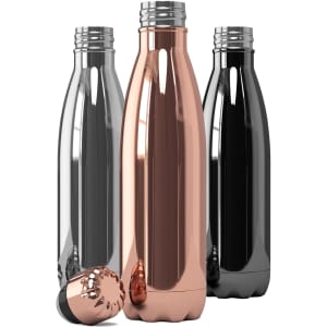 A drink bottle set featuring three metallic finishes: silver, black, and rose gold, with a sleek design and a cap.