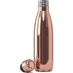 A drink bottle in a sleek rose gold finish with a black cap, featuring an integrated logo.