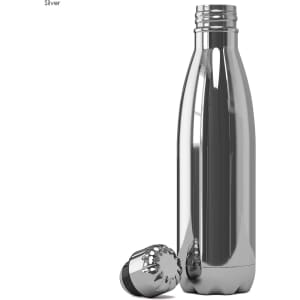 A drink bottle in a sleek silver finish with a rounded shape and a threaded cap. Features a logo.
