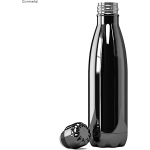 A drink bottle in gunmetal silver with a black cap, featuring a logo on its side.