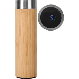 A drink bottle made of bamboo with a stainless steel lid, featuring a digital temperature display.