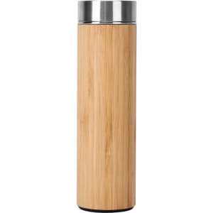 A drink bottle with a bamboo exterior and a stainless steel top, featuring a sleek, modern design.