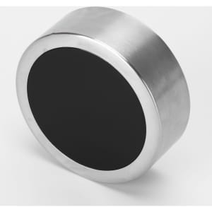 A drink bottle with a stainless steel body and a black base, featuring a brand logo on the side.